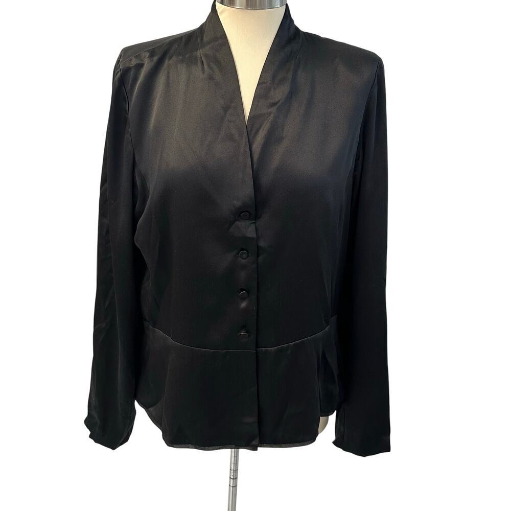 Eileen Fisher Liquid Silk Chiffon Trim Button Black Collarless Blouse M Formal